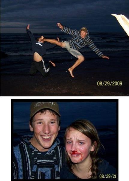 Tags: beach jump kick face blood